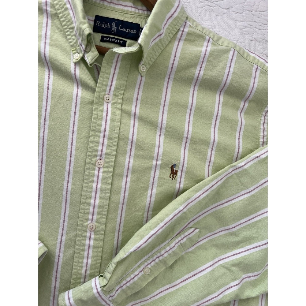 Ralph Lauren Shirt Mens L Green Stripe Oxford Classic Fit Button Down Flesh Pony